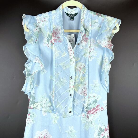 Lauren Ralph Lauren Ruffle Midi Dress Blue Floral Belted Chiffon Sz 12 - Picture 4 of 10